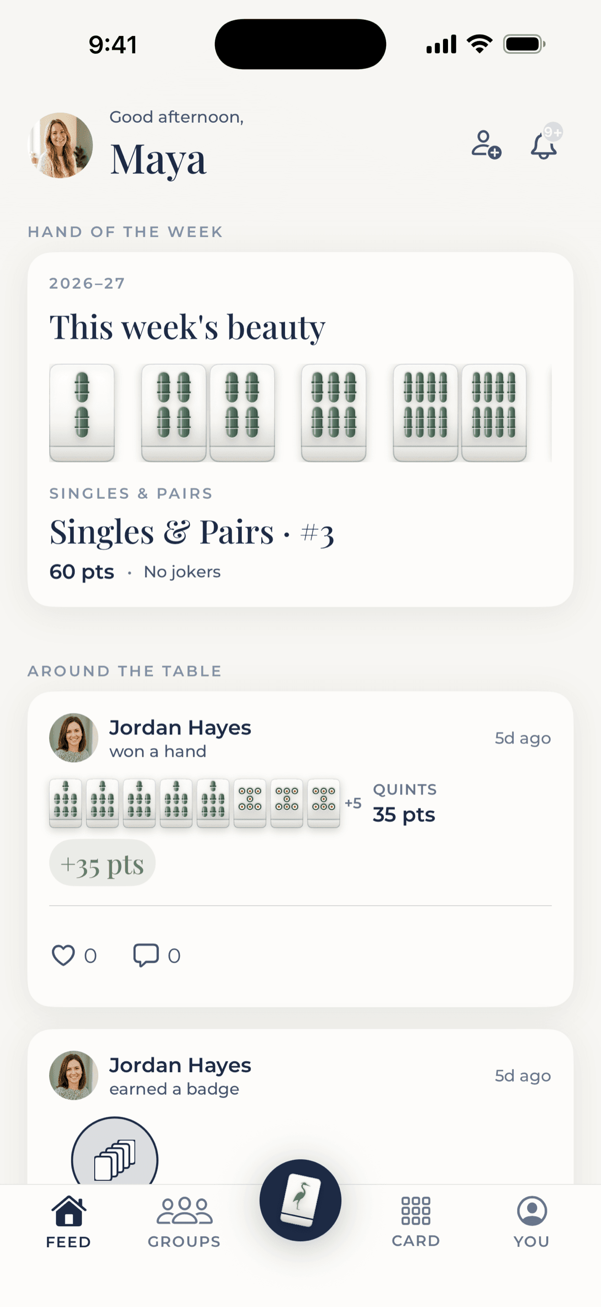 Bird Bam's feed showing friends' wins and big hands of the week, with likes and notes from the group
